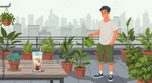 Rooftop oasis: a man tending his urban garden with a refreshing drink in hand