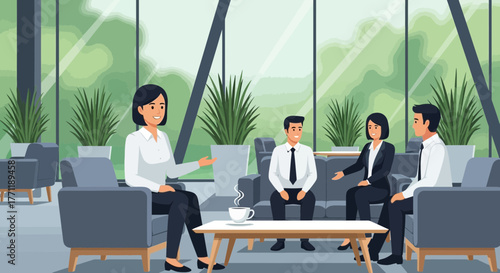Animated office environment with people in discussion and coffee break situation