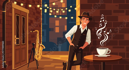 Harmonious Evening: Jazz Musician, Coffee, and Musical Notes Under City Lights