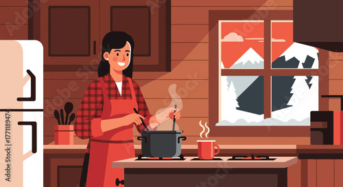 Cozy kitchen scene of a woman cooking with mountain view in the winter season