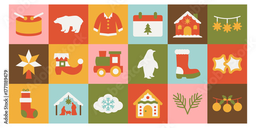 Retro Christmas flat colored icon set with drum, sweater, toy train, penguin, cookies, and more. Designed in warm vintage tones, perfect for cards, web design, and festive decorations.