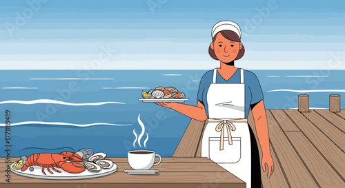 Seafood delicacies served by friendly waitress on a dock over the ocean waters