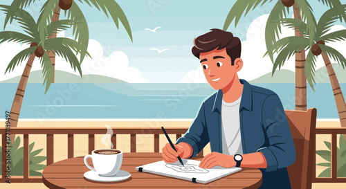 Creative Inspiration: Young Man Drawing on Tropical Balcony with Coffee and Sea View