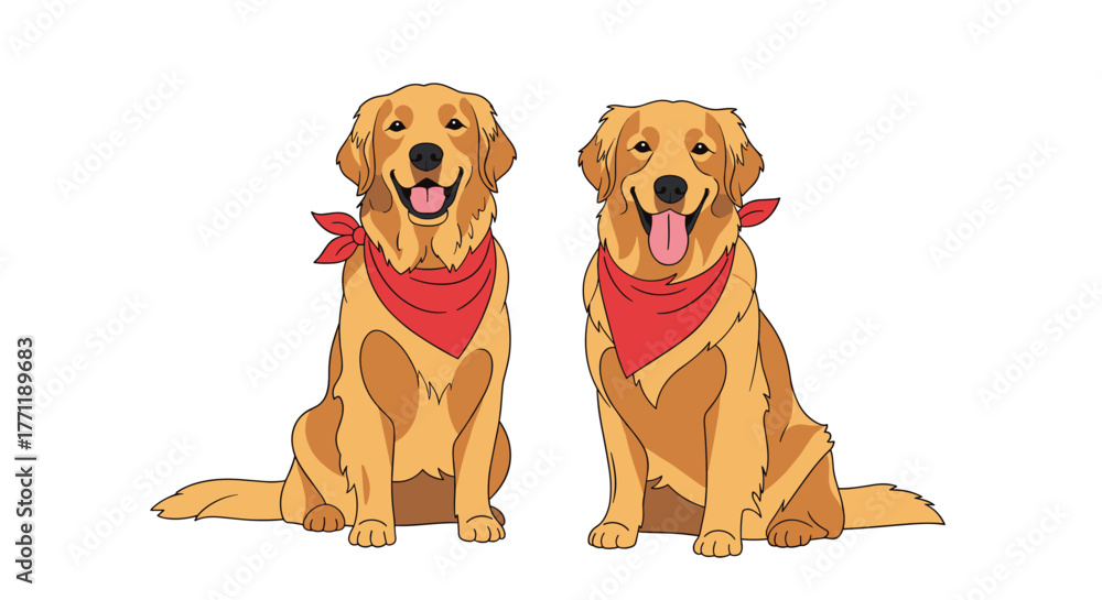 Obraz premium Two adorable cartoon golden retrievers with red bandanas sit happily, ready to bring joy and companionship to any project.