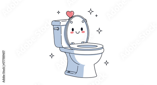Adorable cartoon toilet with a smiling face, open lid, and a pink heart, sparkling clean on a white background.