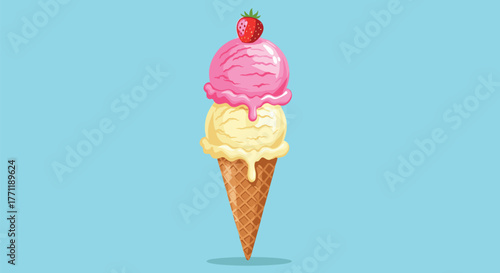 Sweet strawberry and vanilla ice cream scoops in a waffle cone, crowned with a fresh strawberry, presented on a cheerful blue background.