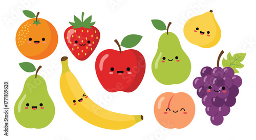 A cheerful group of cute cartoon fruits with smiling faces, including an orange, strawberry, apple, pears, banana, peach, and grapes, on white.