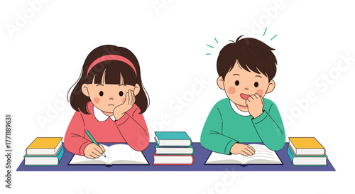 A young girl and boy are studying at a desk, surrounded by books and notebooks, each with distinct expressions.