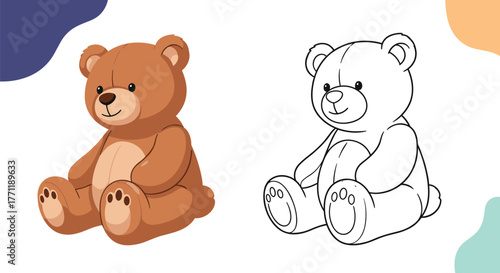 A cute brown plush teddy bear sitting next to its black-and-white outline drawing, perfect for a children's coloring activity.