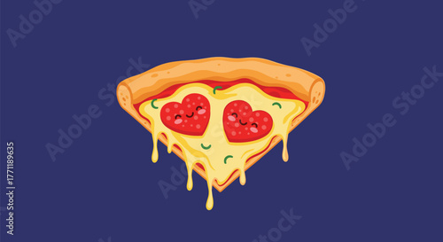 An adorable pizza slice illustration with cute heart-shaped pepperoni and dripping melted cheese, perfect for a romantic food theme.