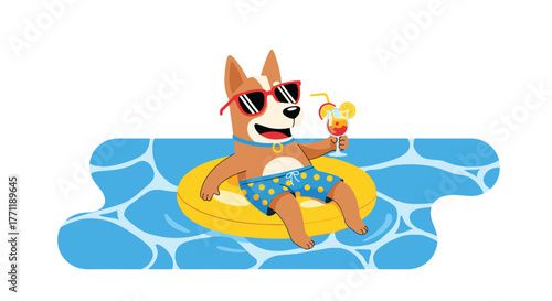 A happy cartoon dog in sunglasses and swim trunks relaxes on a yellow float in a swimming pool, enjoying a tropical drink.