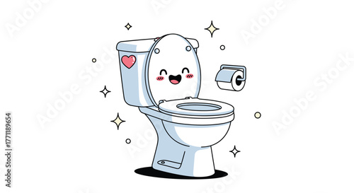 A happy and clean cartoon toilet with a sweet heart decoration and a roll of toilet paper, sparkling brightly.