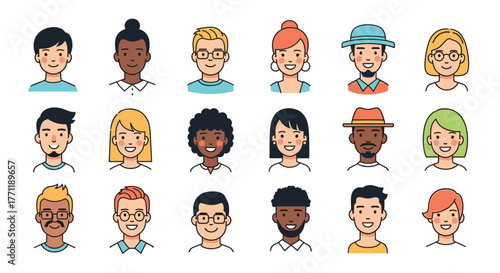 Collection of diverse smiling cartoon avatars featuring various ages, genders, ethnicities, and hairstyles, representing a multicultural community.