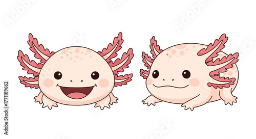 Two adorable cartoon axolotls, one smiling broadly and the other with a gentle grin, both with distinctive pink feathery gills, isolated on white.