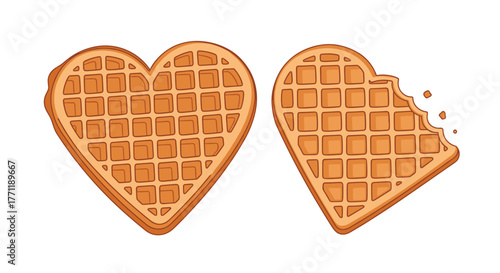 Two heart-shaped waffles, one whole and one with a bite taken out, representing love, sweetness, and breakfast treats.