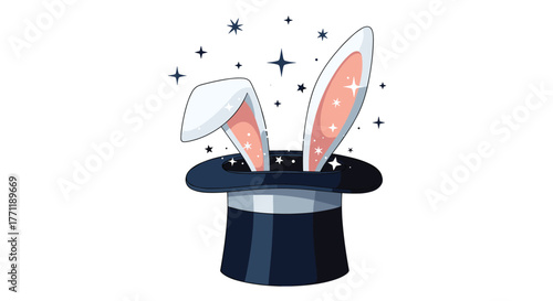 Cute bunny ears emerging magically from a black top hat, surrounded by sparkling stars, symbolizing illusion and wonder.