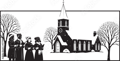 Heartwarming holiday scene with carolers singing joyfully outside a charming church on a snowy winter evening, perfect for Christmas cards and seasonal promotions