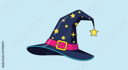 A vibrant cartoon wizard hat, dark blue with golden stars and a pink buckle band, featuring a hanging star, on a light blue background.