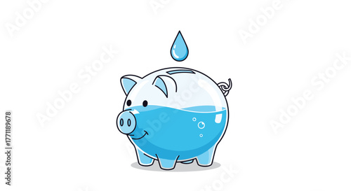 A clear piggy bank is shown filling with water, with a single droplet falling into its slot, representing water conservation and saving.