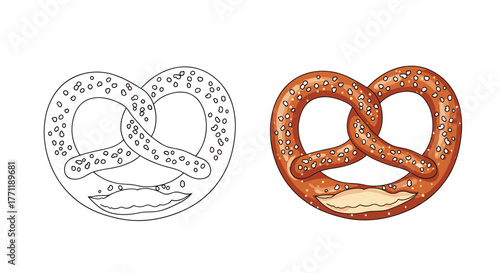 An illustration featuring a traditional salted pretzel, shown both as a line art outline for coloring and a fully colored, realistic version.