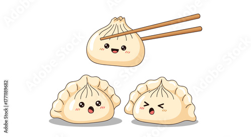 Adorable cartoon dumplings with diverse expressions, including one happily held by chopsticks and two others showing surprise and frustration.
