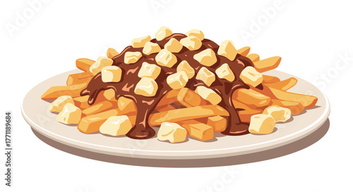 A delicious plate of classic Canadian poutine featuring golden french fries, rich brown gravy, and white cheese curds.