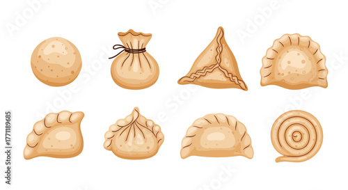 An appealing illustration showcasing a diverse collection of traditional world dumplings, savory pastries, and sweet dough creations.