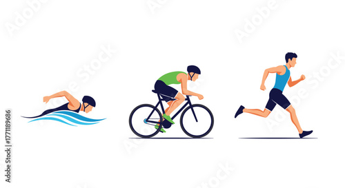 Vector illustrations showing a man participating in a triathlon, performing swimming, cycling, and running activities on a white background.