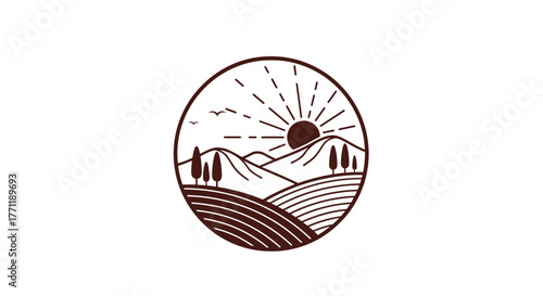 A minimalist circular logo illustrating a serene rural landscape with rolling hills, mountains, cypress trees, a setting or rising sun with rays, and birds in flight.