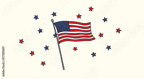 A charming, hand-drawn illustration of the American flag on a pole, surrounded by red and blue stars, evoking patriotism and national celebration.