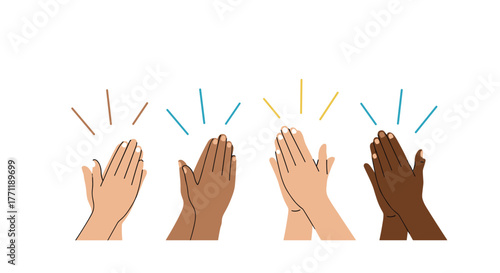 Four pairs of diverse human hands with varying skin tones clapping together, symbolizing applause, celebration, appreciation, and unity.