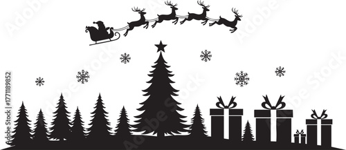 Magical Christmas Eve scene with Santa's sleigh flying over snowy forest delivering gifts, spreading holiday cheer and festive spirit in winter wonderland