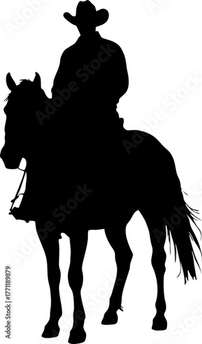 A vector silhouette three cowboys and one cowgirl riding horses and one cowboy is walking and leading a horse
