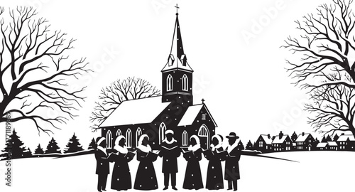 Enchanting winter scene of carolers singing in front of a charming church, spreading joy and warmth throughout the snowy village on Christmas Eve