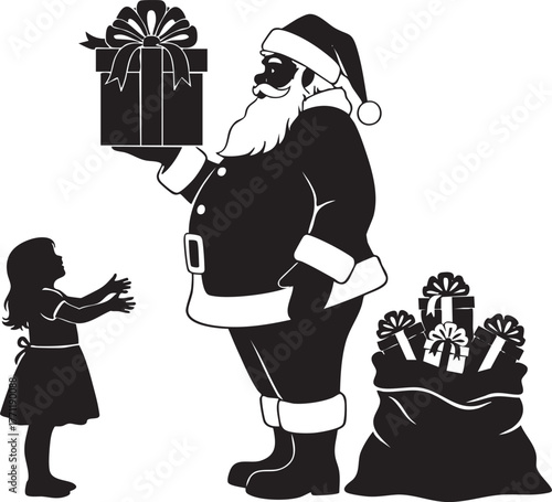 Santa's joyful surprise for a little girl, spreading holiday cheer with a beautiful gift from his overflowing bag of presents, a magical Christmas moment