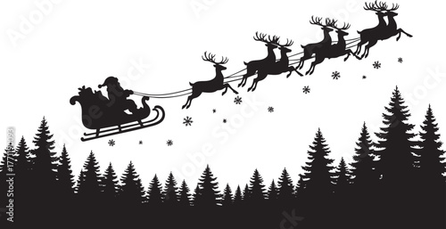 Silhouette of Santa Claus and his reindeer flying over a winter forest, creating a magical Christmas Eve scene with falling snowflakes