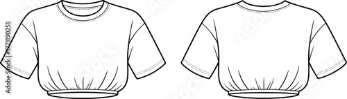 Cropped t-shirt, fashion flat, elastic hem, round neckline, short sleeve, front and back view, vector sketch, apparel template, technical drawing
