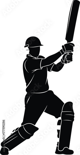 Silhouette of a cricket batsman in action ready to hit the ball