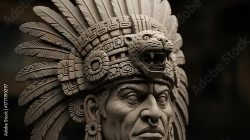 Ancient aztec leader sculpture close up animation, intricate headdress detail, cultural artifact