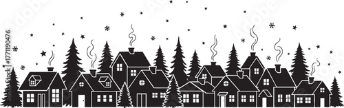 Charming winter village silhouette with cozy homes, snowy trees, and festive stars twinkling above, perfect for holiday cards and seasonal designs