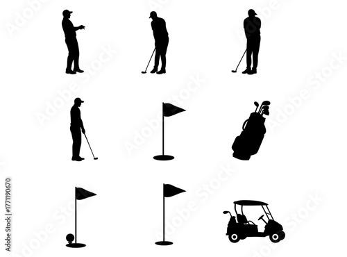 Golf Silhouettes Vector Clipart Players, Flags, Golf Bag, Cart Elements for Graphic Design