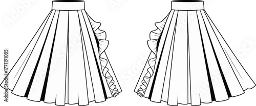 Flared skirt, fashion flat, panel design, ruffle detail, front and back view, vector sketch, apparel template, technical drawing, garment illustration