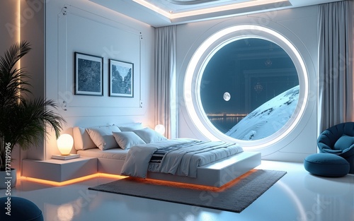 Science fiction bedroom interior .Futuristic 3d rendering. High quality
