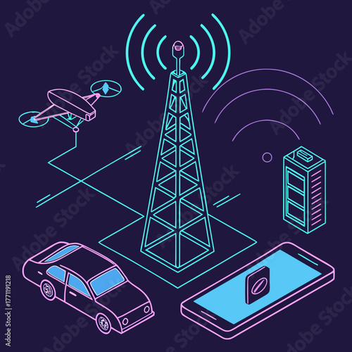 5g connectivity tower  streaming data waves illustration.