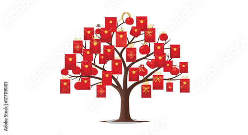 A Festive Tree Adorned with Red Envelopes and Ornaments, Generative AI.
