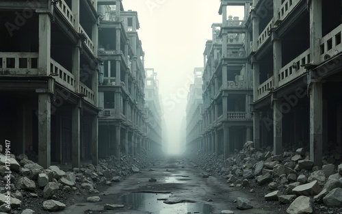 postapocalyptic ruins abandoned city streets in the aftermath of disaster 3d rendering. High quality