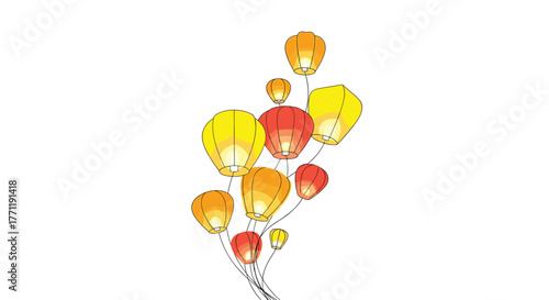 A cluster of colorful sky lanterns ascend into the sky, Generative AI.