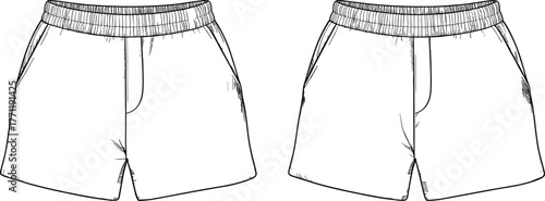 Elastic waist shorts, fashion flat, front view, pocket detail, center seam, side by side style, vector sketch, apparel template, technical drawing