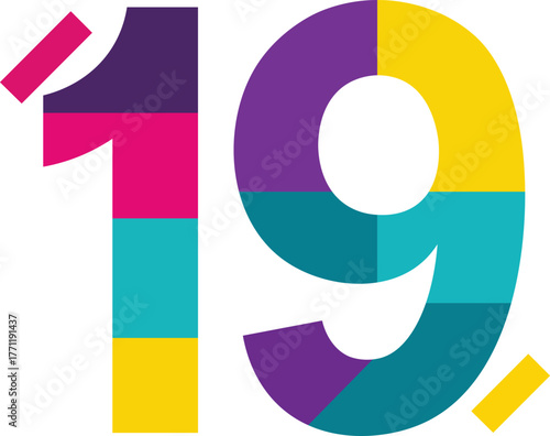 Colorful geometric number 19 graphic design with flat style nineteen