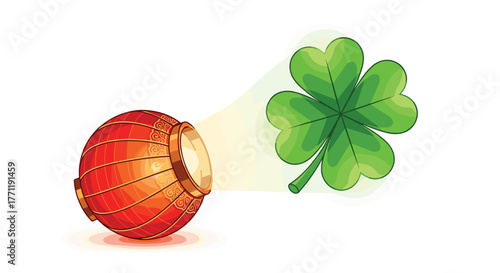 A bright red lantern and a vibrant green four leaf clover, Generative AI.